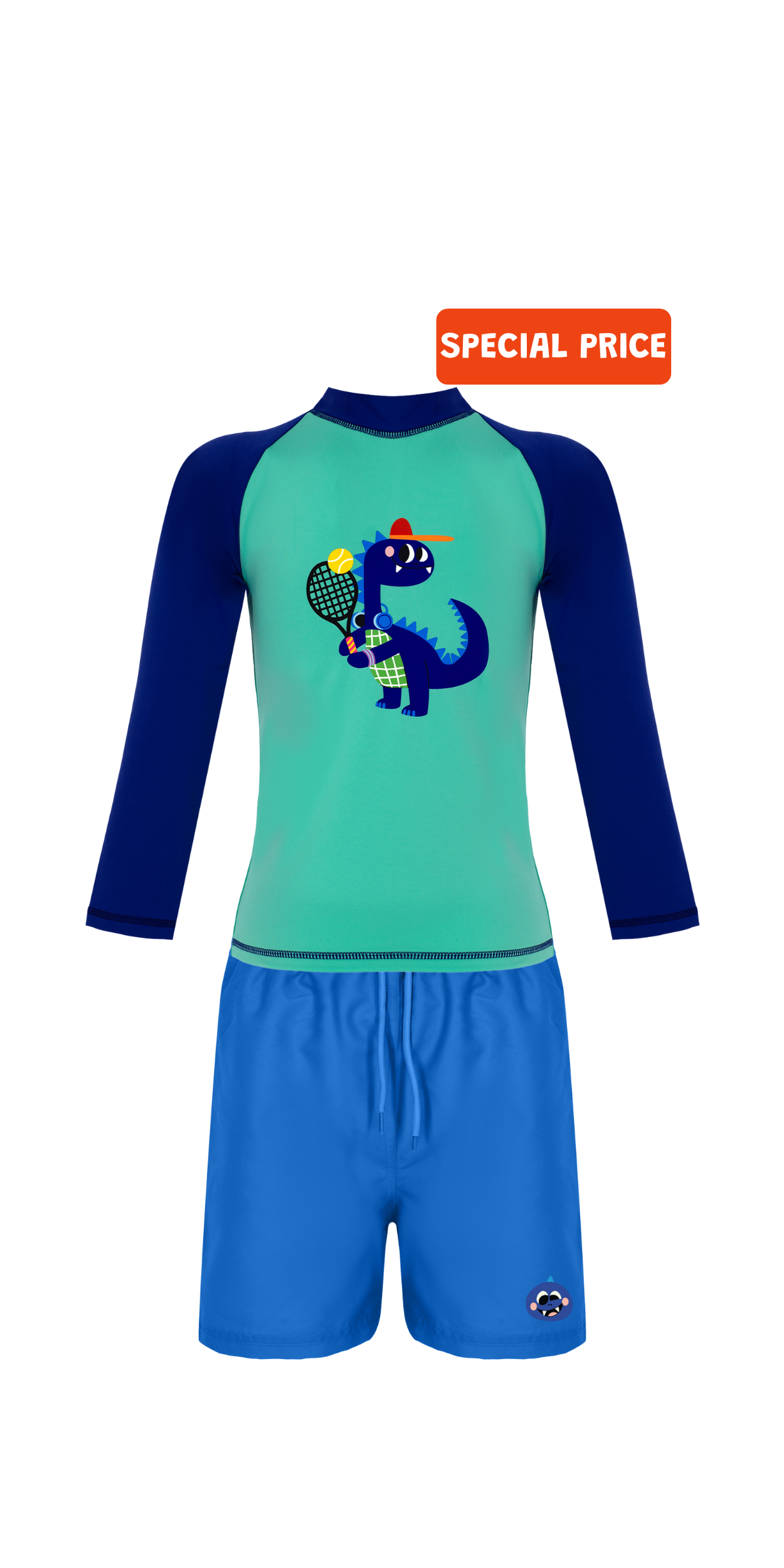 D-Rex Swim Set | Long Sleeve Rashguard | Turquoise Swim Short | UPF 50+ | Recycled Fabric
