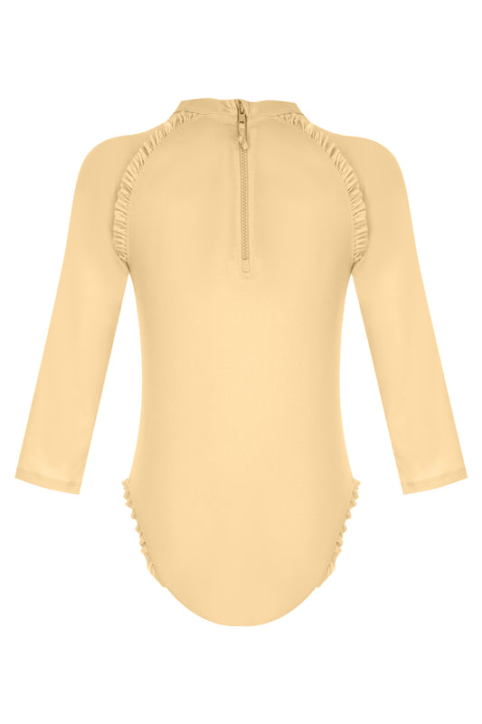 Beige Long Sleeve One Piece Swimsuit with Back Zipper for babies & girls & UPF 50+ | Recycled Fabric
