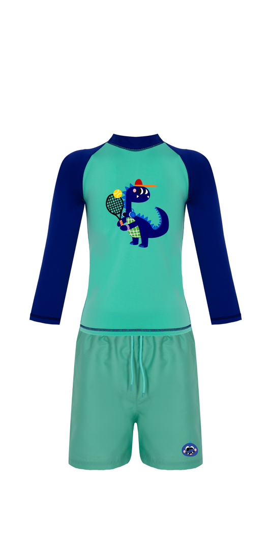 D-Rex Swim Set | Long Sleeve Rashguard | Green Swim Short | UPF 50+ | Recycled Fabric