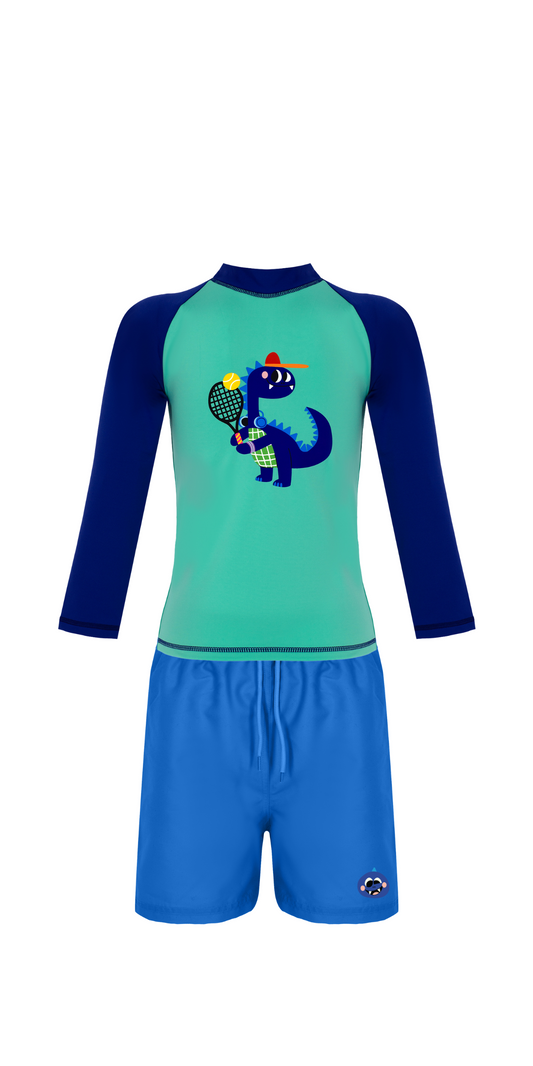 D-Rex Swim Set | Long Sleeve Rashguard | Turquoise Swim Short | UPF 50+ | Recycled Fabric