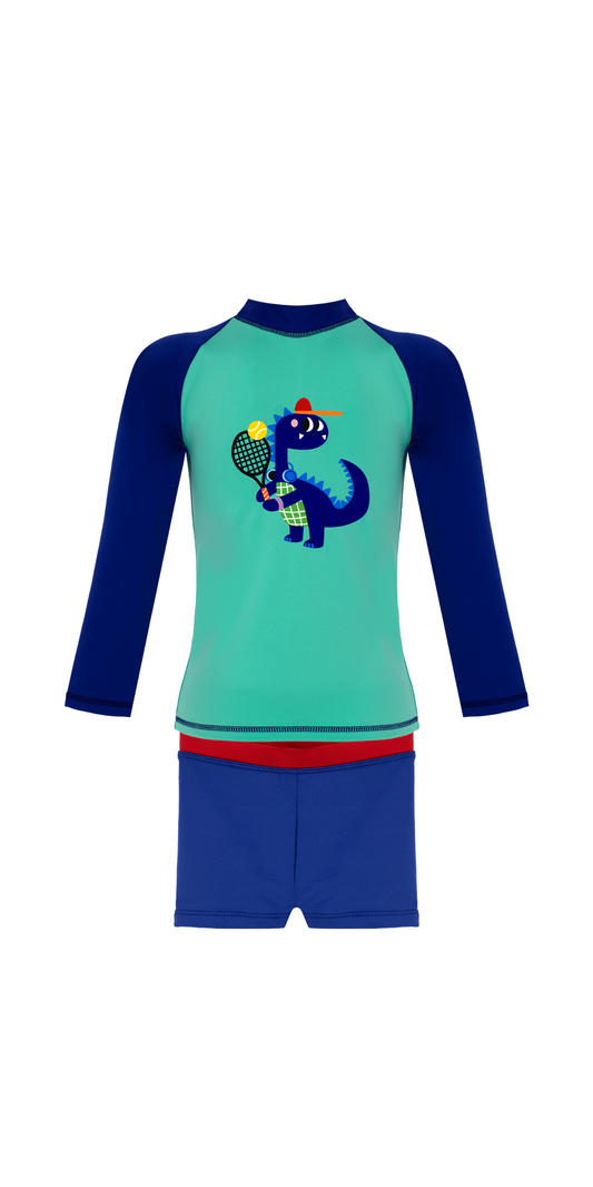 D-Rex Swim Set | Long Sleeve Rashguard | Navy Blue Swim Trunk | UPF 50+ | Recycled Fabric