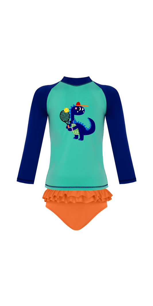 D-Rex Swim Set | Long Sleeve Rashguard | Orange Bikini Bottom | UPF 50+ | Recycled Fabric