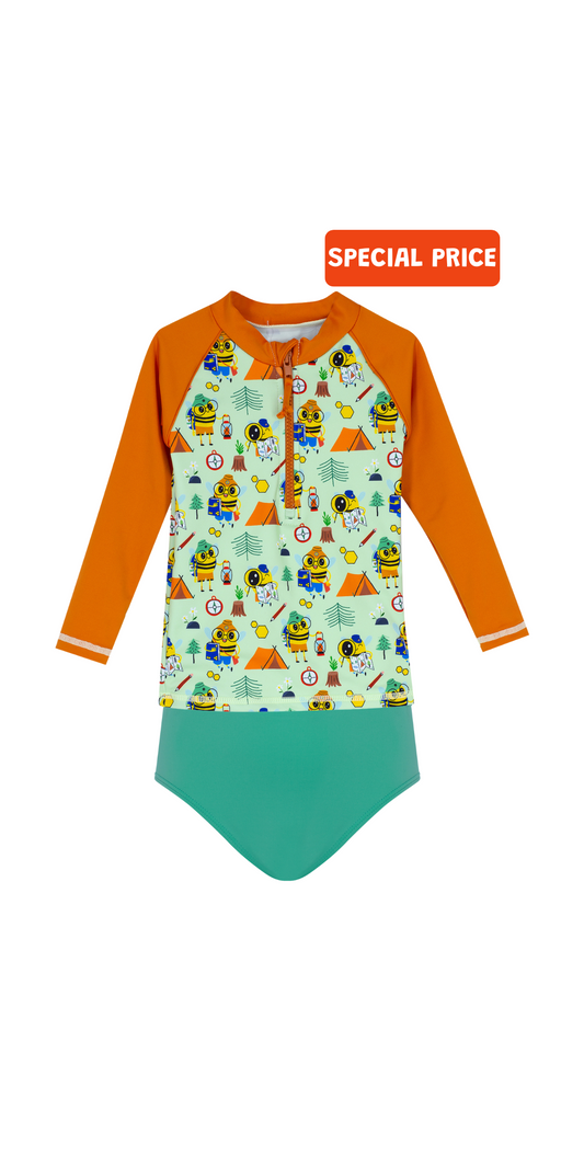 Beebee Swim Set | Long Sleeve Rashguard | Green Bikini Bottom | UPF 50+ | Recycled Fabric