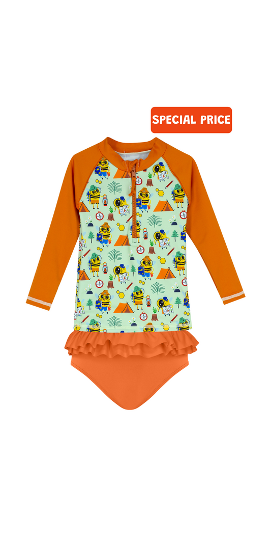 Beebee Swim Set | Long Sleeve Rashguard | Bikini Bottom with Ruffles  | UPF 50+ | Recycled Fabric