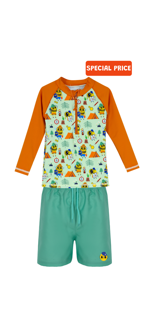 Beebee Swim Set | Long Sleeve Rashguard | Green Swim Short | UPF 50+ | Recycled Fabric
