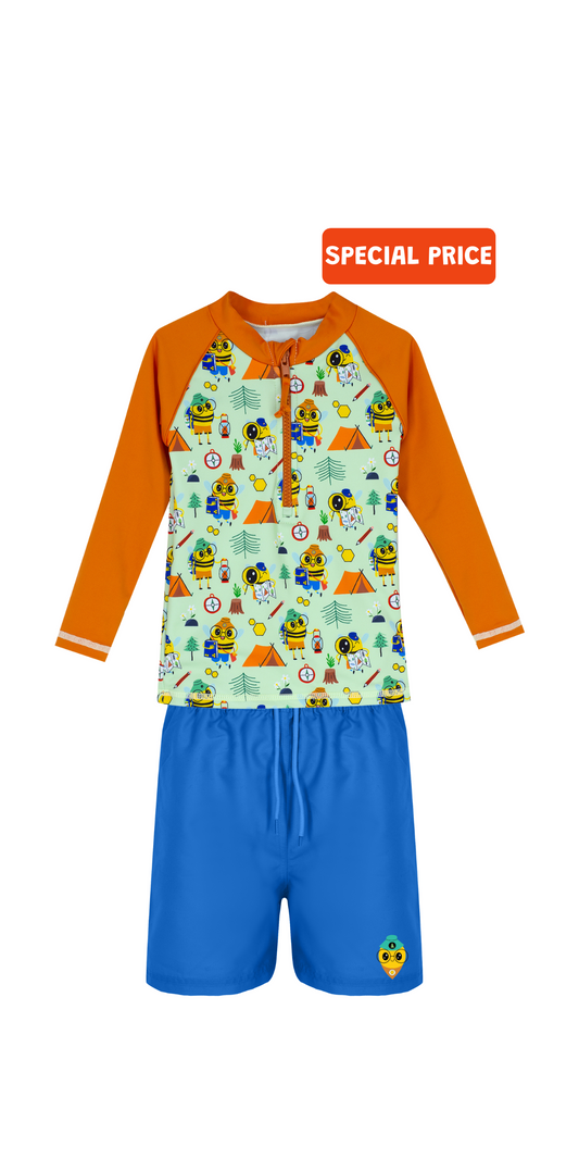 Beebee Swim Set | Long Sleeve Rashguard | Turquoise Swim Short | UPF 50+ | Recycled Fabric