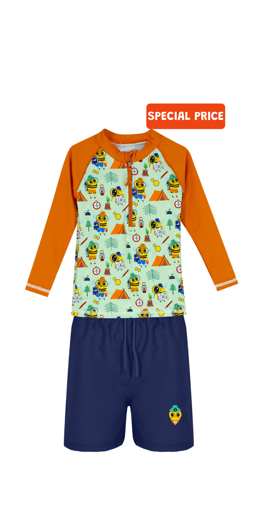 Beebee Swim Set | Long Sleeve Rashguard | Navy Blue Swim Short | UPF 50+ | Recycled Fabric