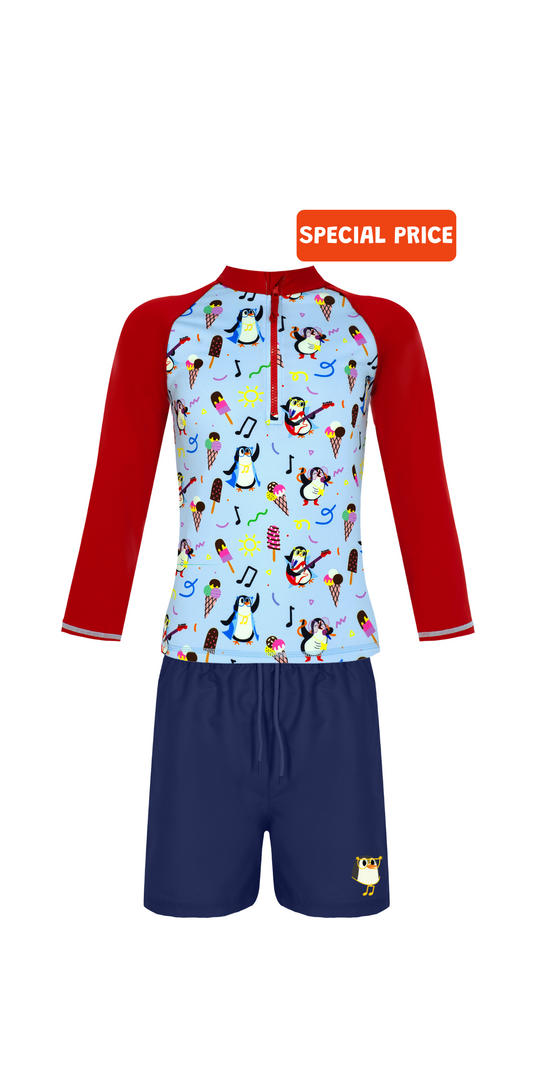 Tappy Swim Set | Long Sleeve Rashguard | Navy Blue Swim Short | UPF 50+ | Recycled Fabric