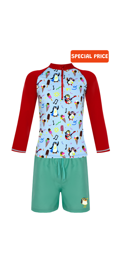 Tappy Swim Set | Long Sleeve Rashguard | Green Swim Short | UPF 50+ | Recycled Fabric