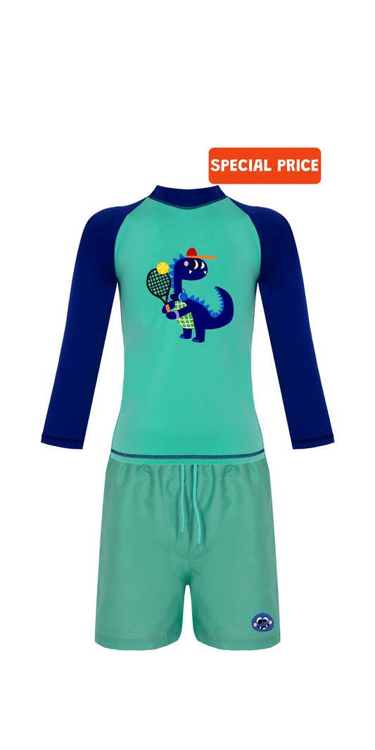 D-Rex Swim Set | Long Sleeve Rashguard | Green Swim Short | UPF 50+ | Recycled Fabric