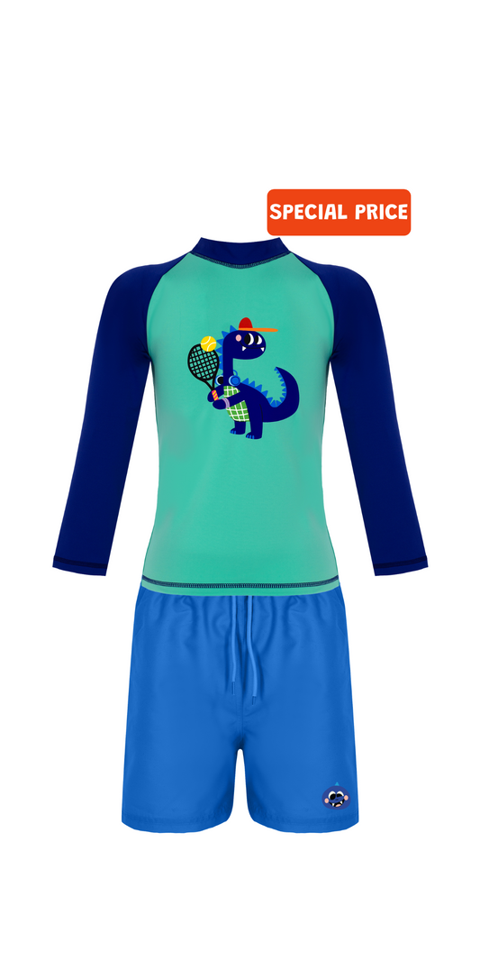 D-Rex Swim Set | Long Sleeve Rashguard | Turquoise Swim Short | UPF 50+ | Recycled Fabric