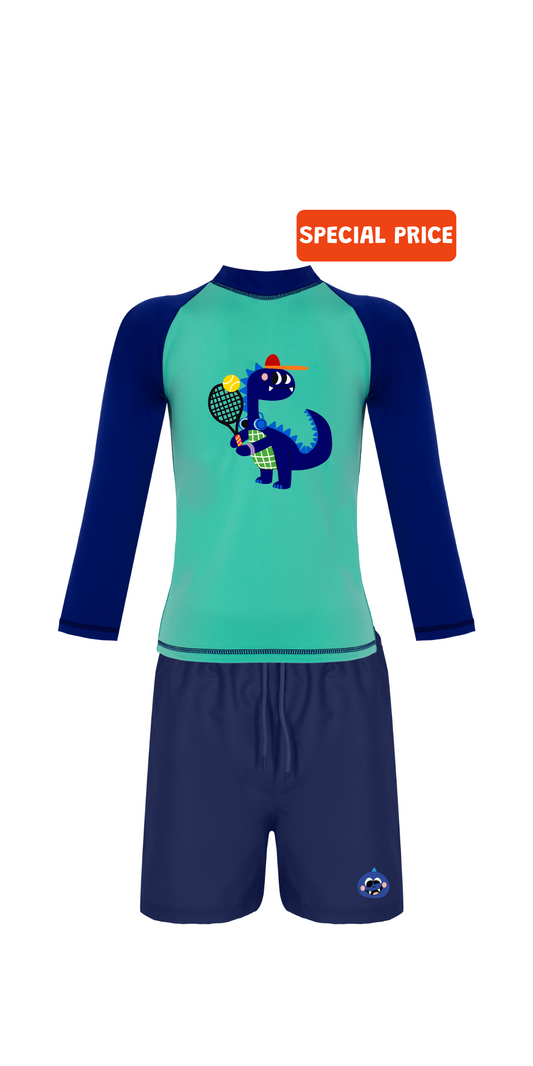 D-Rex Swim Set | Long Sleeve Rashguard | Navy Blue Swim Short | UPF 50+ | Recycled Fabric