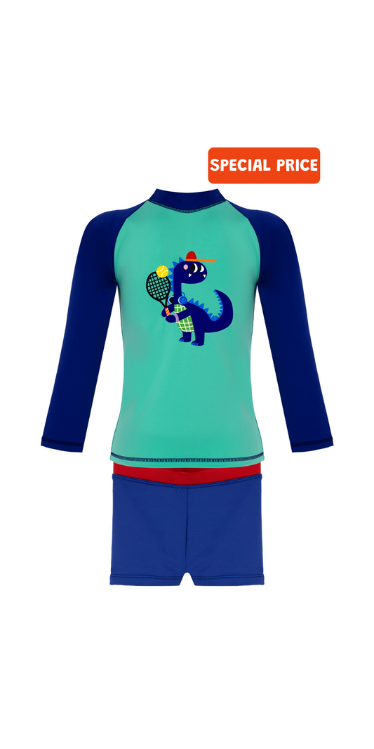 D-Rex Swim Set | Long Sleeve Rashguard | Navy Blue Swim Trunk | UPF 50+ | Recycled Fabric