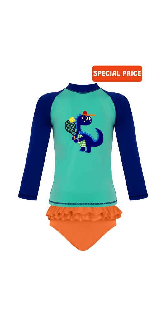 D-Rex Swim Set | Long Sleeve Rashguard | Orange Bikini Bottom | UPF 50+ | Recycled Fabric
