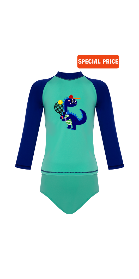 D-Rex Swim Set | Long Sleeve Rashguard | Green Bikini Bottom | UPF 50+ | Recycled Fabric