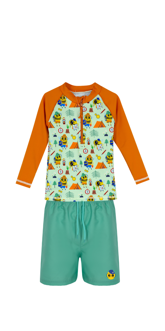 Beebee Swim Set | Long Sleeve Rashguard | Green Swim Short | UPF 50+ | Recycled Fabric