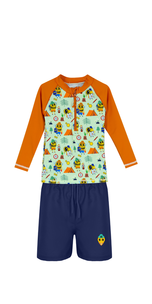 Beebee Swim Set | Long Sleeve Rashguard | Navy Blue Swim Short | UPF 50+ | Recycled Fabric