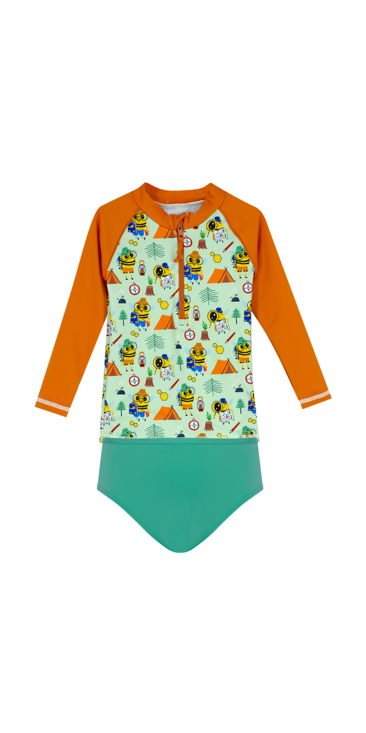 Beebee Swim Set | Long Sleeve Rashguard | Green Bikini Bottom | UPF 50+ | Recycled Fabric
